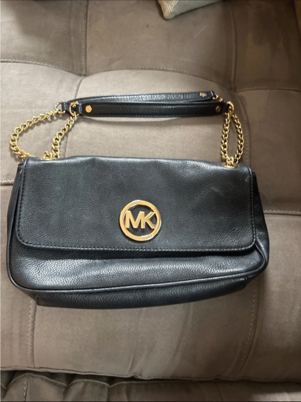 Michael Kors Black Leather Shoulder Bag with Gold Hardware